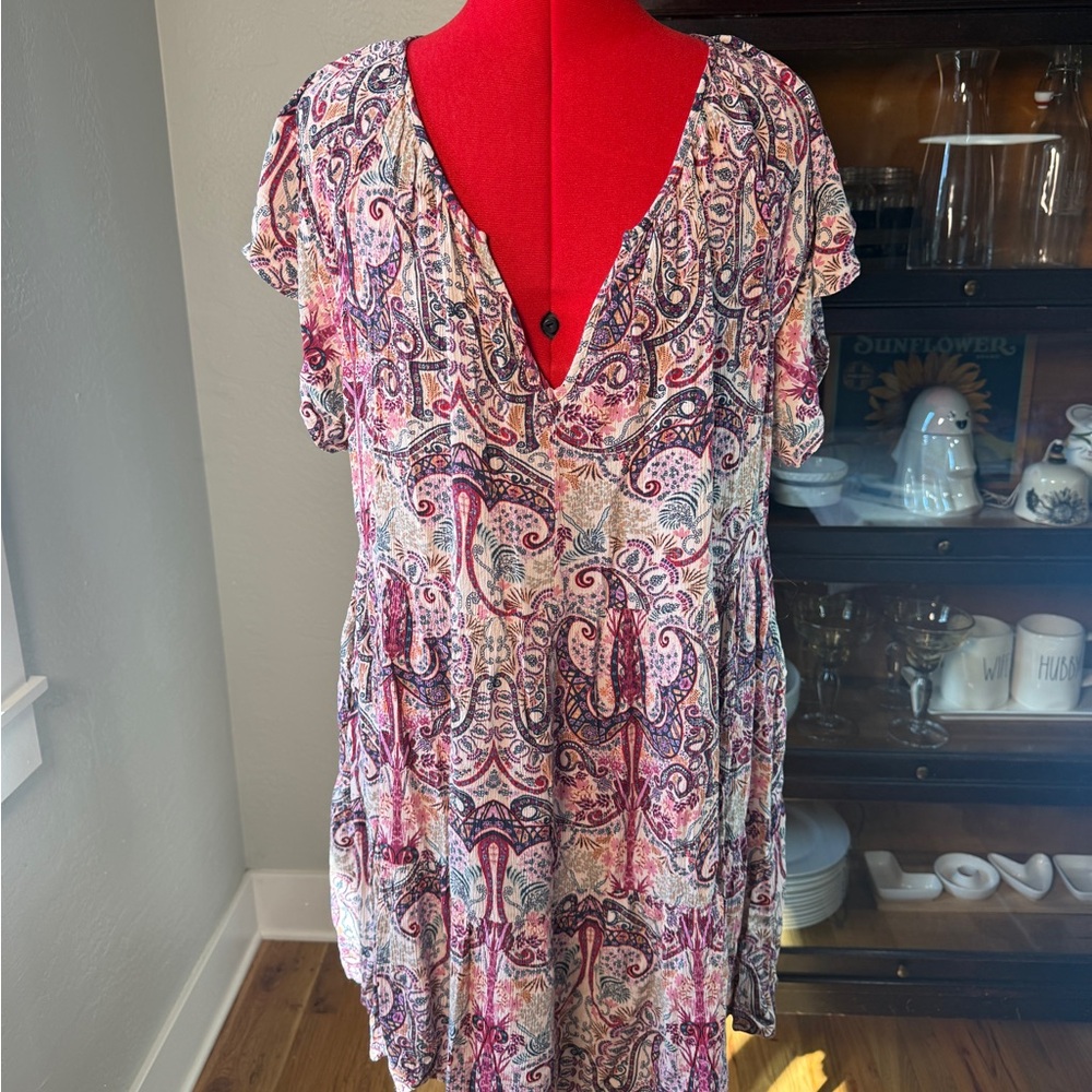 Knox Rose Pink Boho Paisley Print Tiered Short Sleeve Dress Size XXL